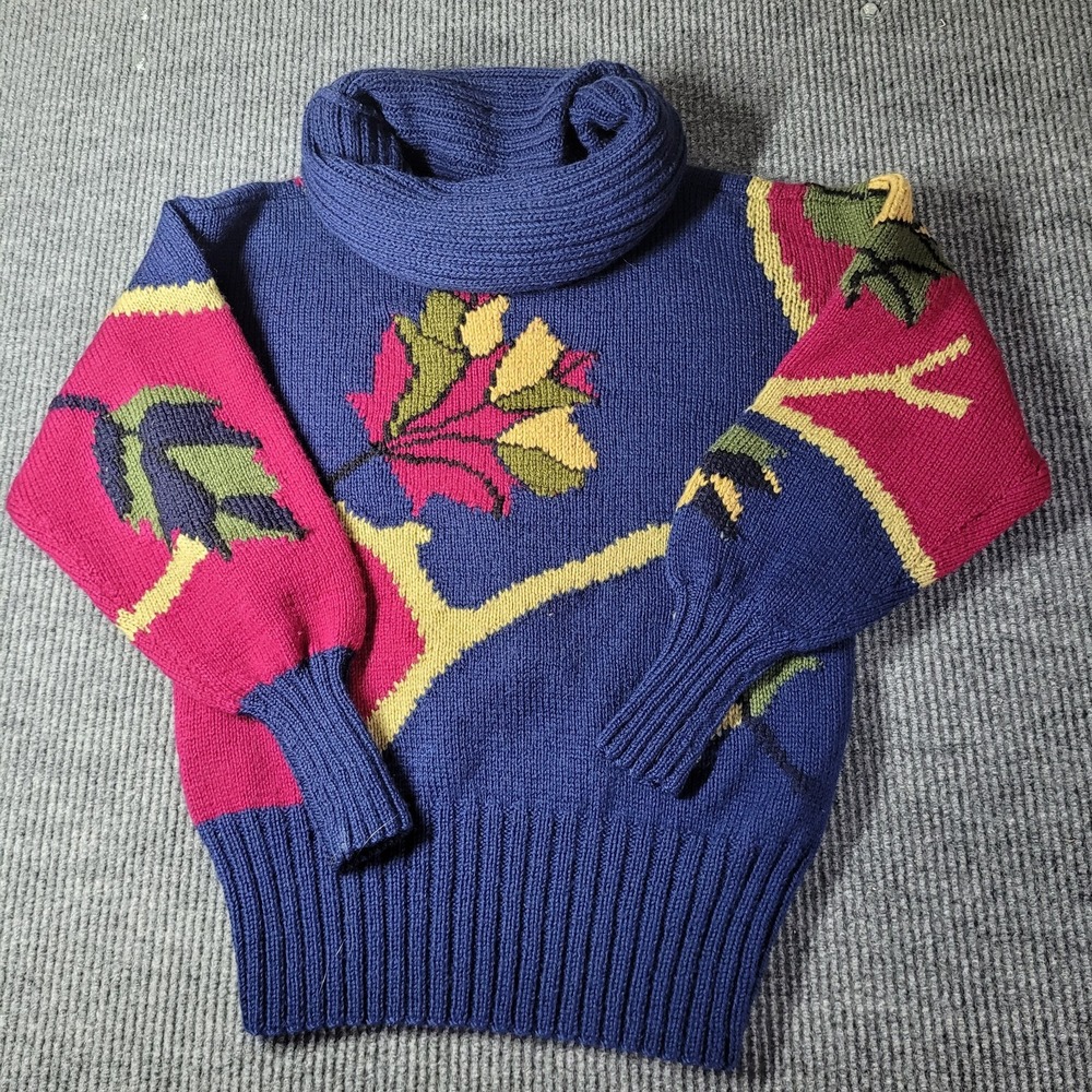 Vintage Berek Hand Knitted‎ Big Turtleneck Floral Sweater Bergdorf Goodman Sz M - Picture 4 of 8